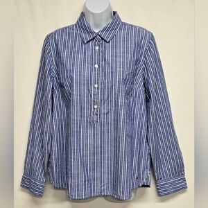 Tommy Hilfiger L Blue Nautical Striped Henley Top Long Adjustable Sleeves Cotton